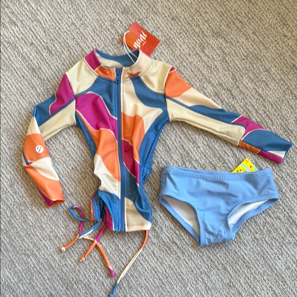 Kid's Multicolor Long-Sleeve Rashguard Swim Set - Blue/Pink/Orange